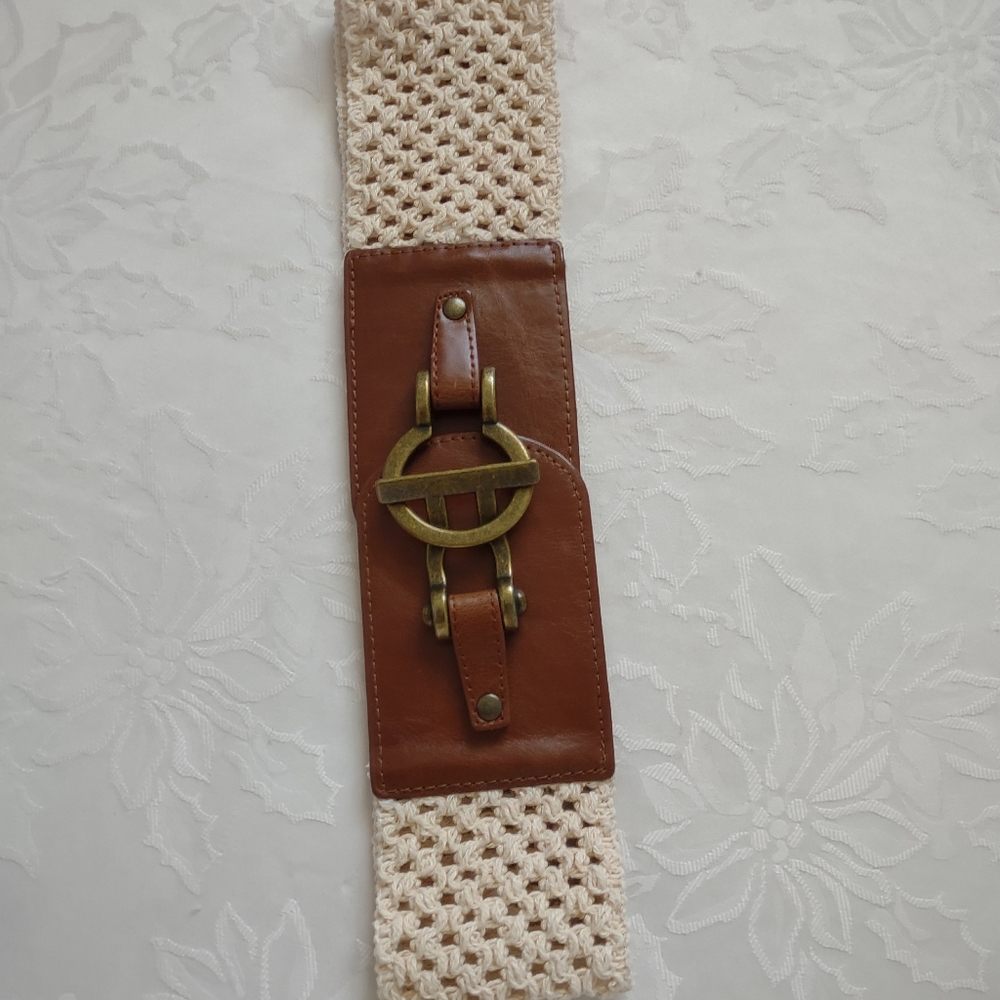 Boho metal buckle o-ring crochet faux leather stretchy wide belt